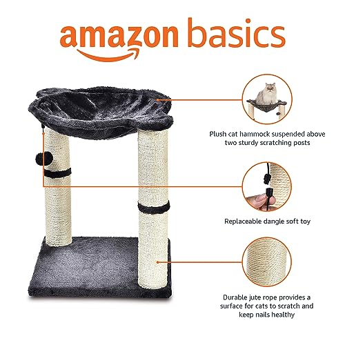 Amazon Basics Sturdy Cat Condo Tower with Hammock Bed and Scratching Posts, Interactive Hanging Ball Toy for Indoor Cats, 15.8" x 15.8" x 19.7", Gray view 2