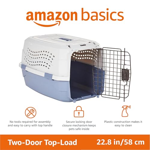 Amazon Basics Sturdy Portable 2-Door Top-Load Hard-Sided Pet Travel Carrier with Secure Ventilation, Handle, Front & Top Entry for Dogs, Cats, 22.8"L x 15"W x 13"H, Gray & Blue view 2