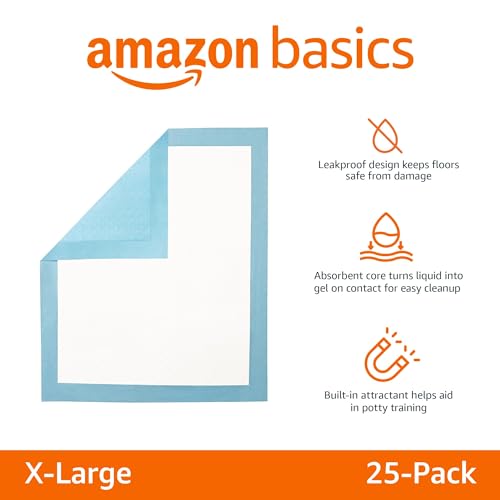 Amazon Basics Super Absorbent Dog and Puppy Potty Pads, Leak-Proof 5-Layer Design with Quick-Dry Surface for Housebreaking, Heavy Duty Absorbency, X-Large, 28 x 34 Inch, Blue & White, 25-Pack view 2