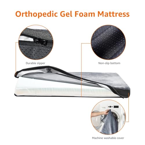 Amazon Basics Washable Dog Bed with Cooling Gel Memory Foam, Pressure-Relief Support for Dogs up to 120lbs, Non-Slip Bottom, Removable Cover, Giant Sized (50" x 34"), Grey view 3