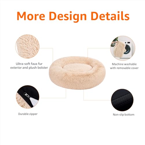 Amazon Basics Washable Donut Pet Bolster Faux Fur Bed with Removable Cover, Anti-Slip Bottom for Dog, Beige, 45" x 45" view 2