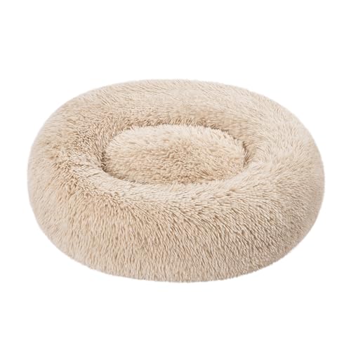 Amazon Basics Washable Donut Pet Bolster Faux Fur Bed with Removable Cover, Anti-Slip Bottom for Dog, Beige, 23" x 23"