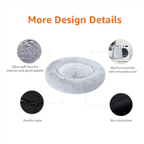 Amazon Basics Washable Donut Pet Bolster Faux Fur Bed with Removable Cover, Anti-Slip Bottom for Dog, Grey, 36" x 36" view 2