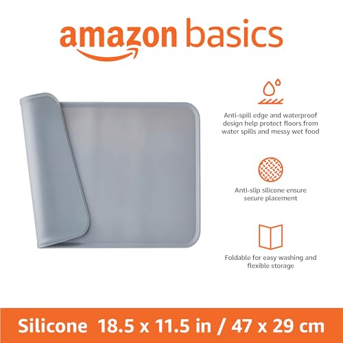 Amazon Basics Waterproof Non-Slip Silicone Pet Feeding Mat with Raised Edges, Prevents Spills, Easy to Clean, Protects Floors for Cat & Dog Food and Water Bowls, 18.5 x 11.5 Inches, Gray view 2