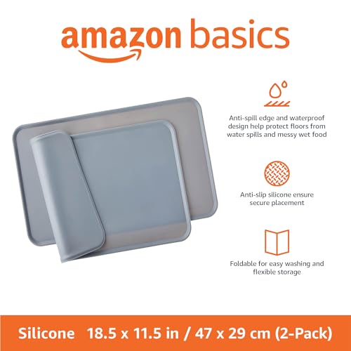 Amazon Basics Waterproof Non-Slip Silicone Pet Feeding Mat with Raised Edges, Prevents Spills, Easy to Clean, Protects Floors for Cat & Dog Food and Water Bowls, 18.5 x 11.5 Inches, Gray, 2-Pack view 2
