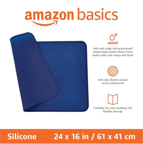 Amazon Basics Waterproof Non-Slip Silicone Pet Feeding Mat with Raised Edges, Prevents Spills, Easy to Clean, Protects Floors for Cat & Dog Food and Water Bowls, 24 x 16 Inches, Blue view 2