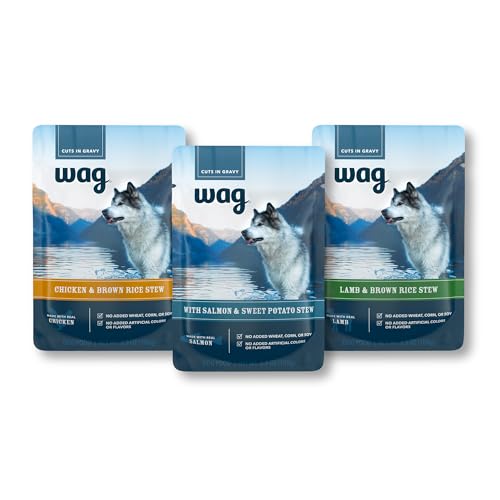Amazon Brand - Wag Wet Dog Food Topper, Chicken, Lamb, and Salmon Stew in Gravy, 3.5 oz Pouches (Pack of 24)