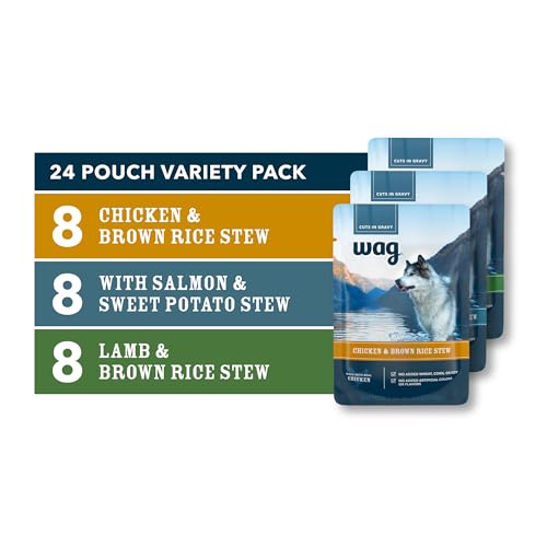 Amazon Brand - Wag Wet Dog Food Topper, Chicken, Lamb, and Salmon Stew in Gravy, 3.5 oz Pouches (Pack of 24)