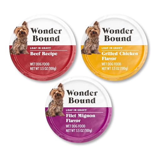 Amazon Brand - Wonder Bound Small Breed Wet Dog Food, Variety Pack (Beef Recipe, Grilled Chicken Flavor, Filet Mignon Flavor), Loaf in Gravy, 3.5 Ounce (Pack of 24)