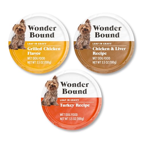 Amazon Brand - Wonder Bound Small Breed Wet Dog Food, Variety Pack (Grilled Chicken Flavor, Chicken & Liver Recipe, Turkey Recipe), Loaf in Gravy, 3.5 Ounce (Pack of 24)