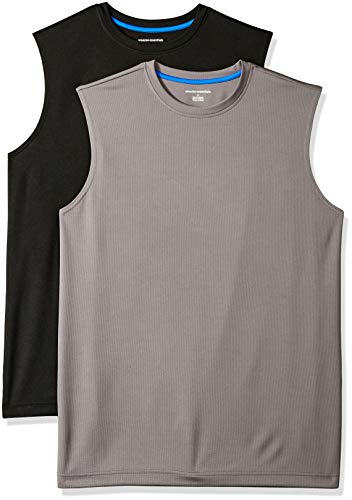 Amazon Essentials Muscle Shirts Men Pack of 2, Active Performance Tech Tank Tops, Black/Grey, Large