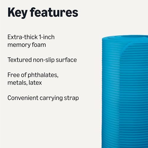 Amazon Basics 1-Inch Extra Thick Workout Exercise Yoga Mat with Carrying Strap, 74" x 24", Aqua