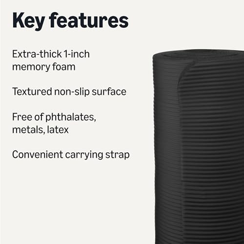 Amazon Basics 1-Inch Extra Thick Workout Exercise Yoga Mat with Carrying Strap, 74" x 24", Black