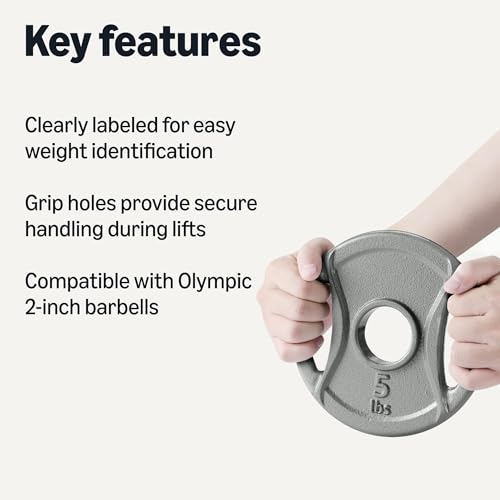 Amazon Basics 2-inch Olympic Grip Weight Plates, 5lb Weights, Compatible with Olympic Barbells, Grip Holes for Secure Hold, Set of 4 view 2