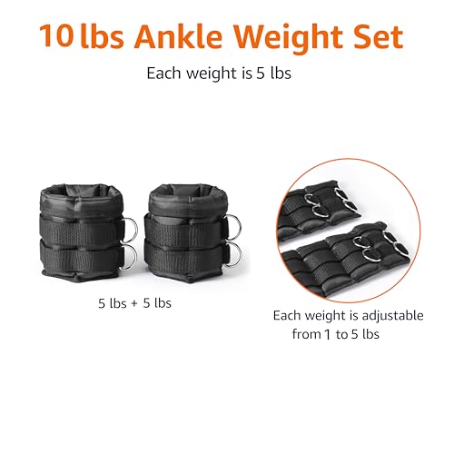 Amazon Basics Adjustable Ankle Weights for Resistance Training, Removable Weights for Wrist, 10 Pound Set (5 Pounds Each), Black view 2