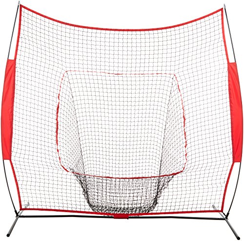 Amazon Basics Baseball Softball Hitting Pitching Batting Practice Net With Stand - 96 x 42 x 86 Inches, Red and Black