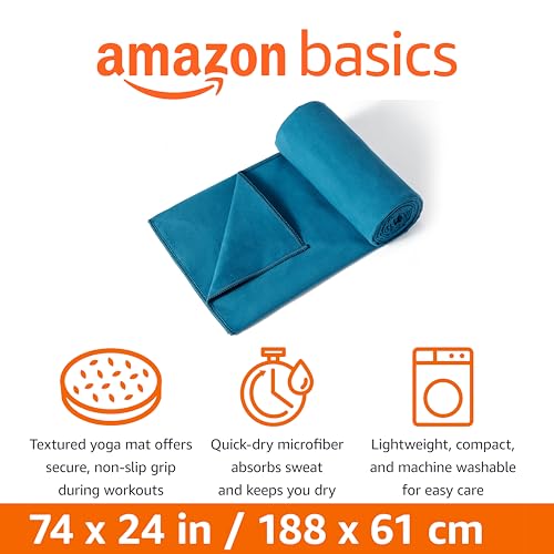 Amazon Basics Hot Yoga Mat Towel, Soft Microfiber, Non-Slip, Absorbent, 74" x 24", Aqua