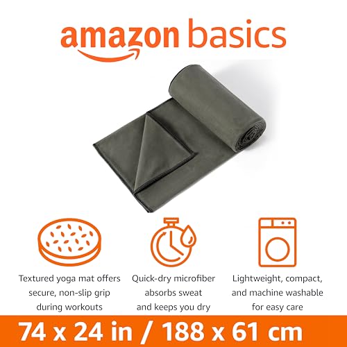 Amazon Basics Hot Yoga Mat Towel, Soft Microfiber, Non-Slip, Absorbent, 74" x 24", Gray