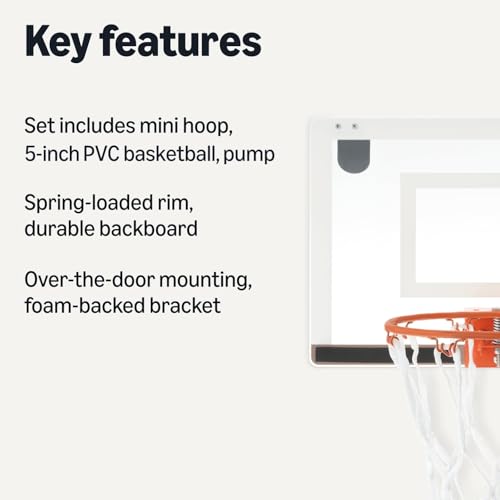 Amazon Basics Mini Indoor Basketball Hoop, Over The Door Backboard and Rim, Includes 5-inch PVC Basketball and Pump, 18" x 12" view 2