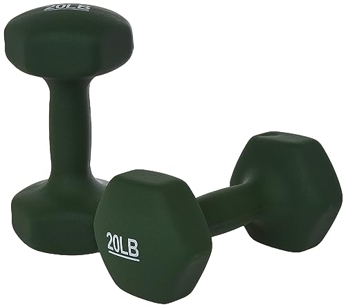 Amazon Basics Neoprene Coated Hexagonal Dumbbell Hand Weights for Workout, 20 Pounds, Pair, Dark Green