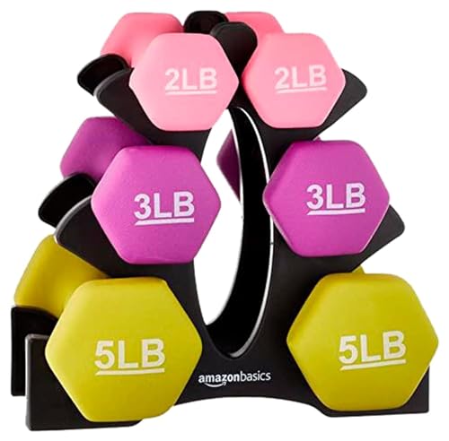 Amazon Basics Neoprene Dumbbell Hand Weights with Stand, Rack with 3 Pairs (2, 3, and 5 pound), Non-Slip Hexagon, Pink/Purple/Green