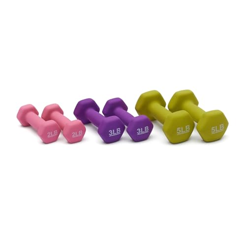 Amazon Basics Neoprene Dumbbell Hand Weights with Stand, Rack with 3 Pairs (2, 3, and 5 pound), Non-Slip Hexagon, Pink/Purple/Green view 2