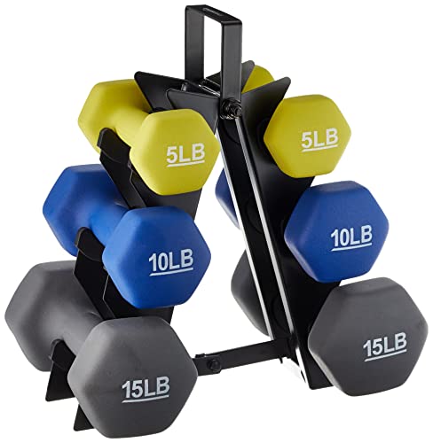 Amazon Basics Neoprene Dumbbell Hand Weights with Rack, 3 Pairs (5, 10, and 15 Pounds), Green/Blue/Grey