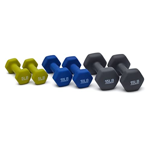 Amazon Basics Neoprene Dumbbell Hand Weights with Rack, 3 Pairs (5, 10, and 15 Pounds), Green/Blue/Grey view 2