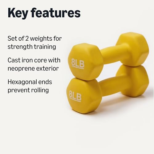 Amazon Basics Neoprene Hexagon Shape Dumbbell Hand Weights, Prevents Rolling Away, 8 Pounds, Pair, Yellow view 2