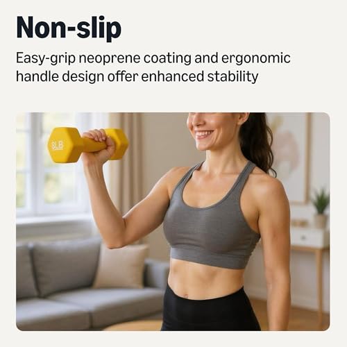 Amazon Basics Neoprene Hexagon Shape Dumbbell Hand Weights, Prevents Rolling Away, 8 Pounds, Pair, Yellow view 3
