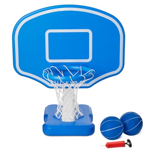 Amazon Basics Pool Basketball Hoop, Poolside Design with Base Fills with Water for Weighted Stability, Set Includes Hoop, 2 Balls and Pump, Easily Portable