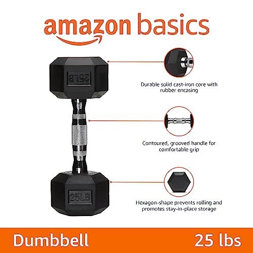 Amazon Basics Rubber Hex Dumbbell Weight with Comfortable Grip, Hexagon-Shape Prevents Rolling, Cast-Iron Core for Home Gym Workouts, 25 Pounds, Single, Black view 2