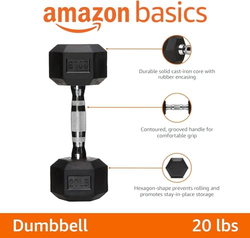 Amazon Basics Rubber Hex Dumbbell with Comfortable Handle for Home Gym Workout, 20 Pounds, Single, Black view 2
