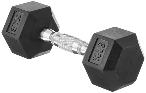 Amazon Basics Rubber Hex Dumbbell with Hexagon Shape and Rubber Coating, Comfortable Handle for Home Workout, 10 Pounds, Single, Black