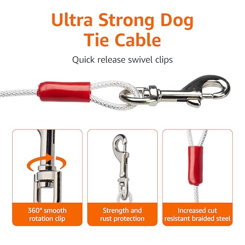 Amazon Basics Rust-Free Steel Wire Tie-Out Cable for Large Dogs up to 90 lbs, Dog Leash Run Tether, 25 feet, White view 2