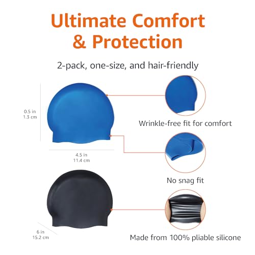 Amazon Basics Silicone Swim Cap, 2 Pack, Black/Blue