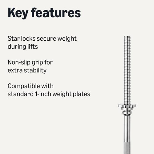 Amazon Basics Standard 60" Straight Barbell Bar, 1" Diameter, Chrome, Compatible with Standard 1-Inch Weight Plates, Non-Slip Grip for Home Gym view 2