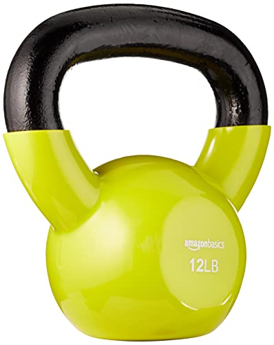 Amazon Basics Vinyl Coated Cast Iron Kettlebell for Training, 12 Pounds, Wide Handle, Home Workout Equipment, Yellow