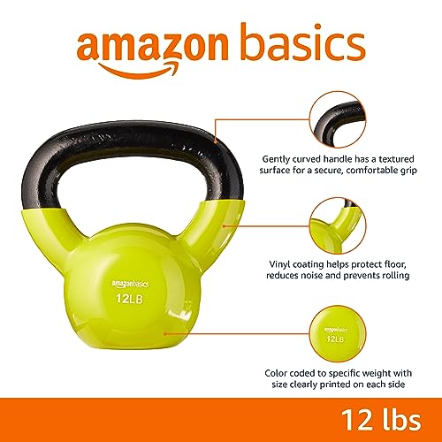 Amazon Basics Vinyl Coated Cast Iron Kettlebell for Training, 12 Pounds, Wide Handle, Home Workout Equipment, Yellow view 2