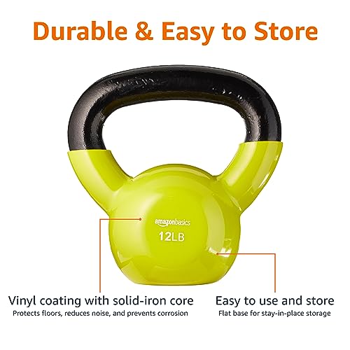 Amazon Basics Vinyl Coated Cast Iron Kettlebell for Training, 12 Pounds, Wide Handle, Home Workout Equipment, Yellow view 3