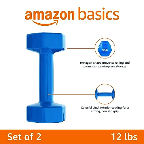 Amazon Basics Vinyl Coated Dumbbell Hand Weights, Easy to Use, 12 Pounds, Pair, Blue view 2