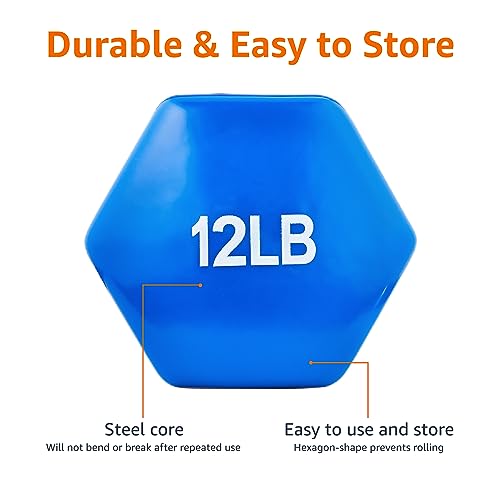 Amazon Basics Vinyl Coated Dumbbell Hand Weights, Easy to Use, 12 Pounds, Pair, Blue view 3