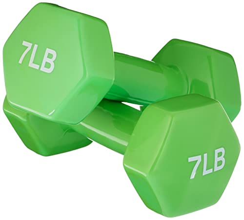 Amazon Basics Vinyl Coated Dumbbell Hand Weights, Hexagon Anti-Roll Design, 7 Pounds, Light Green, Pair