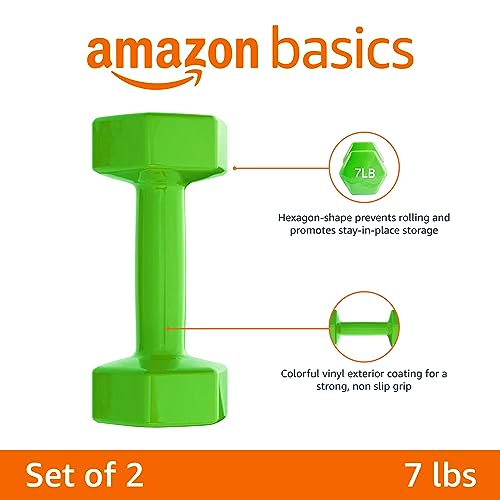 Amazon Basics Vinyl Coated Dumbbell Hand Weights, Hexagon Anti-Roll Design, 7 Pounds, Light Green, Pair view 2