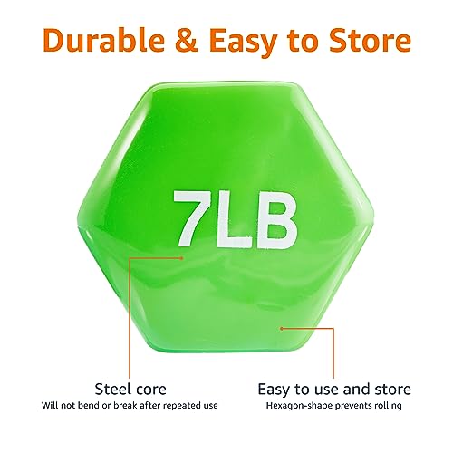 Amazon Basics Vinyl Coated Dumbbell Hand Weights, Hexagon Anti-Roll Design, 7 Pounds, Light Green, Pair view 3