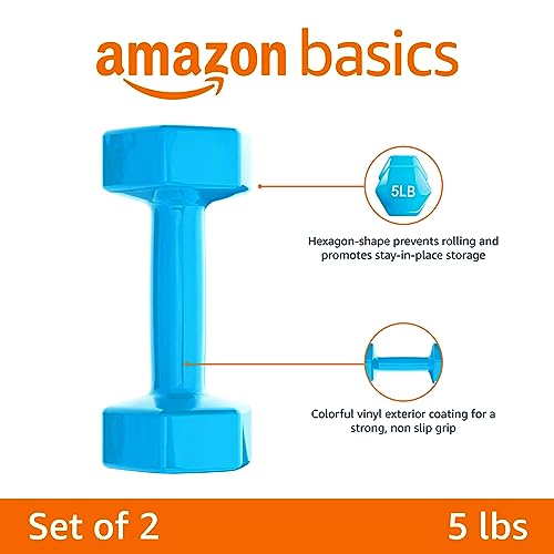 Amazon Basics Vinyl Coated Hex Dumbbell Hand Weights with Non-Slip Grip, 5 Pounds, Light Blue, Pair view 2