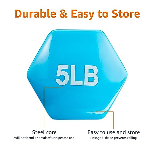 Amazon Basics Vinyl Coated Hex Dumbbell Hand Weights with Non-Slip Grip, 5 Pounds, Light Blue, Pair view 3