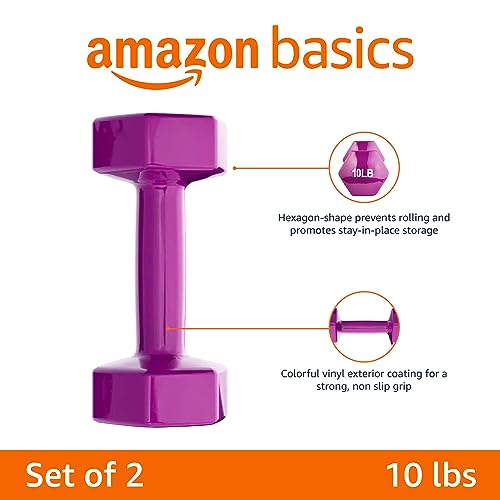 Amazon Basics Vinyl Coated Hexagon Dumbbell Hand Weights, Easy to Use and Store, 10 Pounds, Pair, Purple view 2