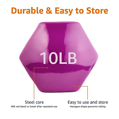 Amazon Basics Vinyl Coated Hexagon Dumbbell Hand Weights, Easy to Use and Store, 10 Pounds, Pair, Purple view 3