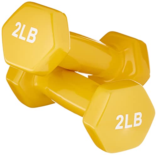 Amazon Basics Vinyl Coated Hexagon Dumbbell Hand Weights with Non-Slip Grip, 2 lbs, Yellow, Pair